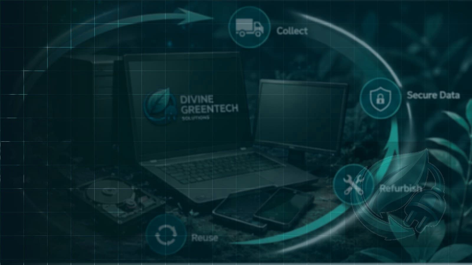 Recovered laptops and devices circled by the collect, secure data, refurbish and reuse lifecycle