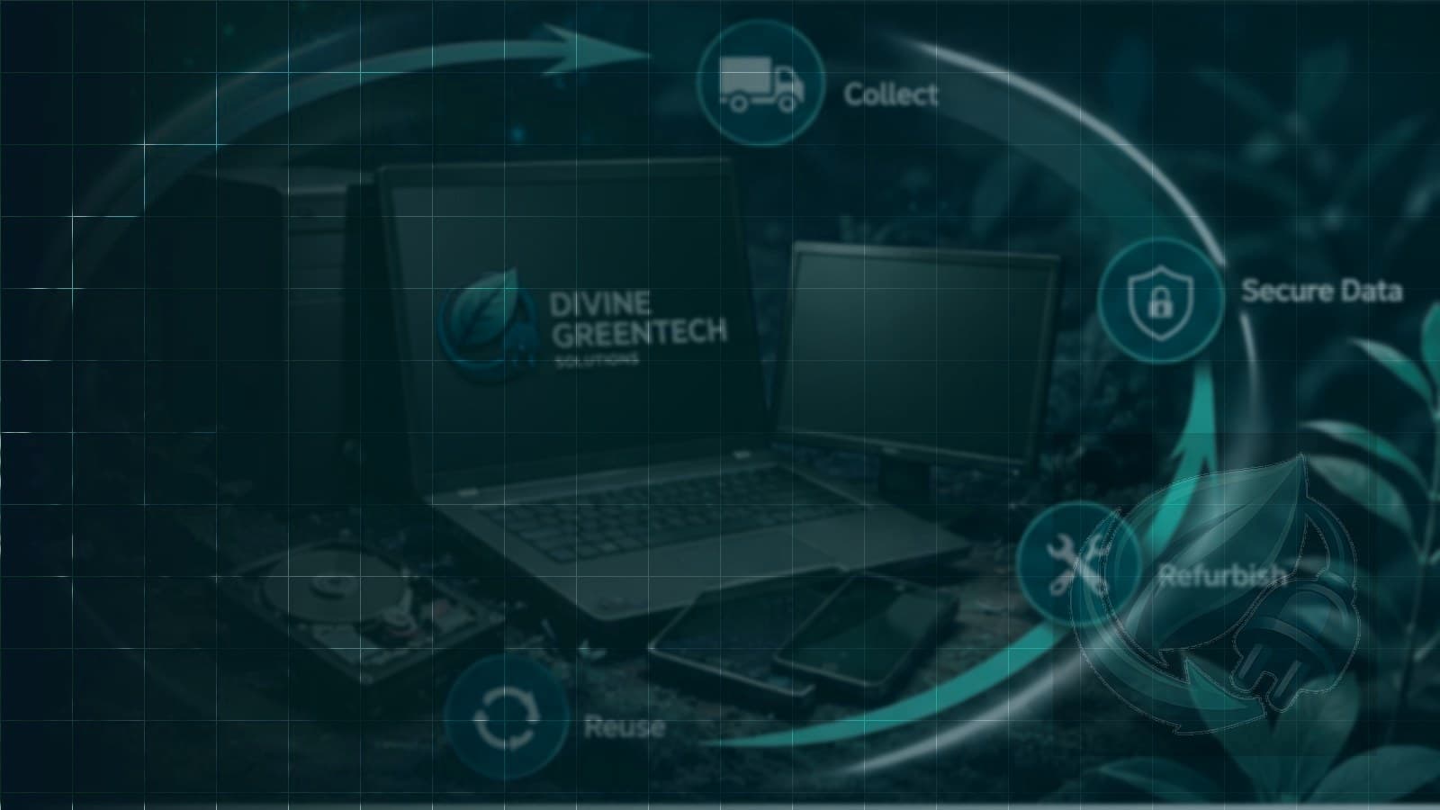 Recovered laptops and devices circled by the collect, secure, refurbish and reuse lifecycle