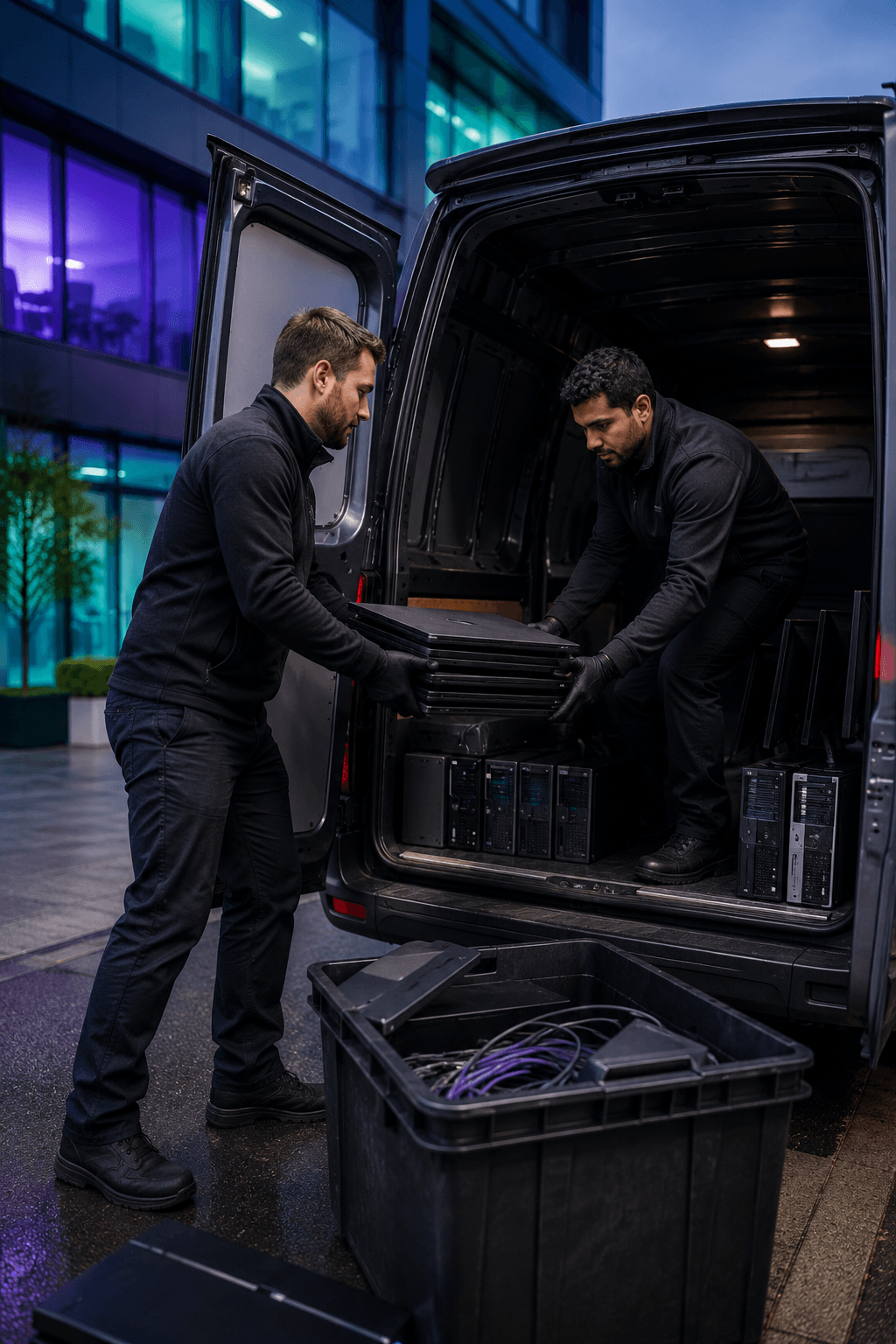 Two Divine Greentech technicians loading recovered laptops and desktops into a collection van outside an office