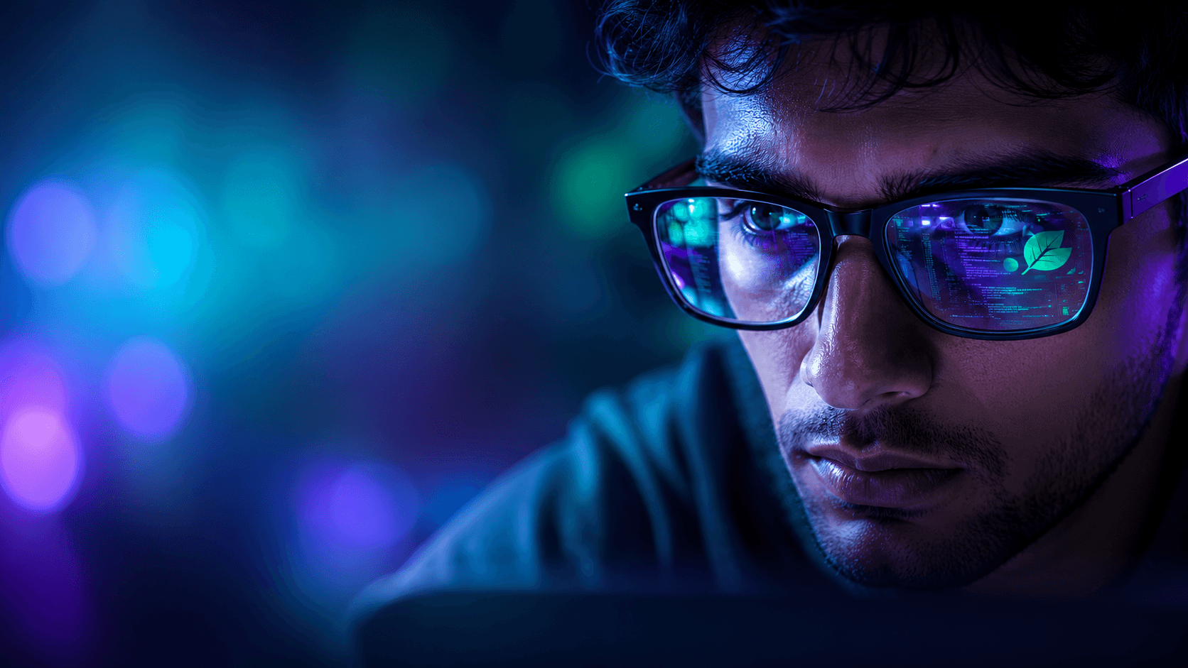 An engineer at work, device diagnostics and a lifecycle leaf reflected in his glasses